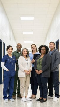 Group of diverse school support staff members standing together in a brightly lit hallway, showcasing teamwork and collaboration in an educational environment