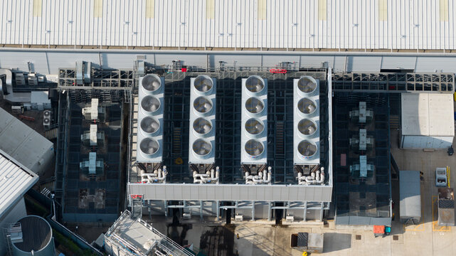 Aerial view of Rooftop HVAC Cooling Systems on Large Data Center