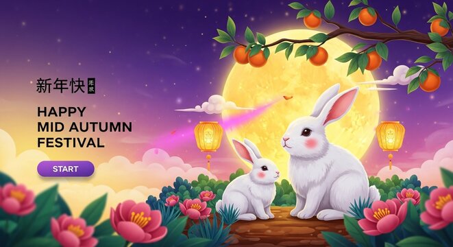 Two white rabbits sitting on a log under a full moon with flowers and lanterns in a mid autumn festival scene