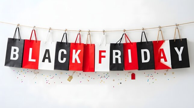 Colorful Black Friday Sale Shopping Bags Hanging with Festive Confetti Celebration Display