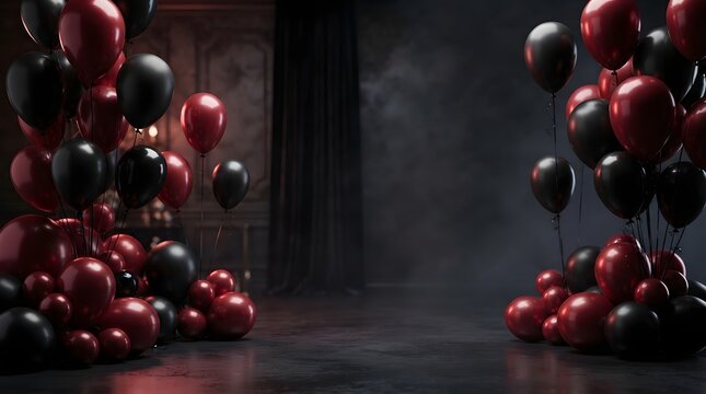 A vibrant cluster of red and black balloons creating a festive atmosphere in a dimly lit room with soft reflections