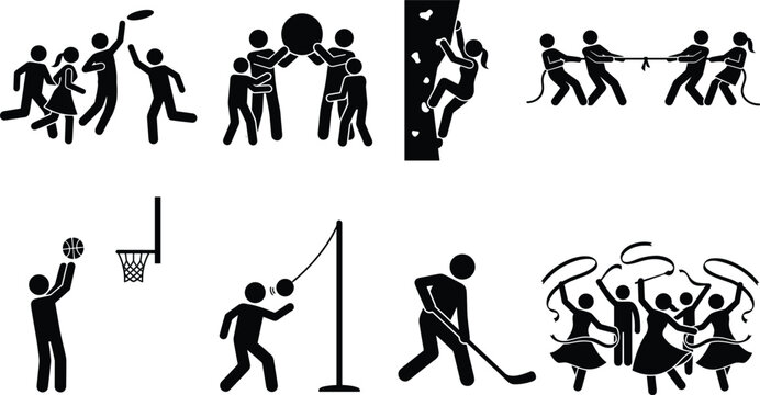 Team sports and recreational activities stick figure pictogram icons set isolated on white background