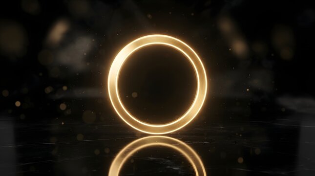 Abstract 3D glowing golden ring on dark reflective floor with bokeh and light particles.