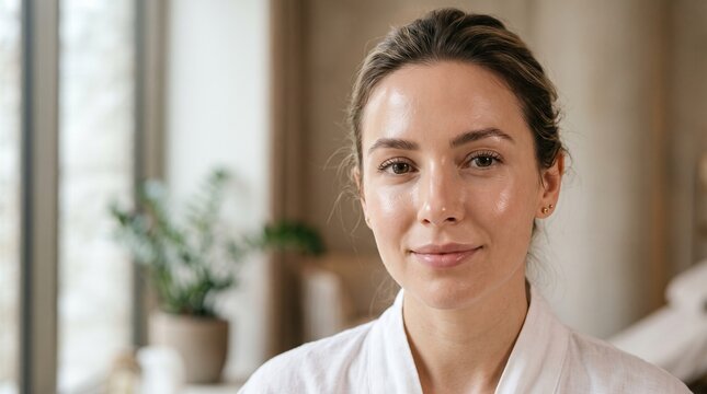 Radiant Woman in Spa Robe: A serene woman with clear, glowing skin, adorned in a white spa robe, embodies tranquility and self-care in a calming, softly lit environment.
