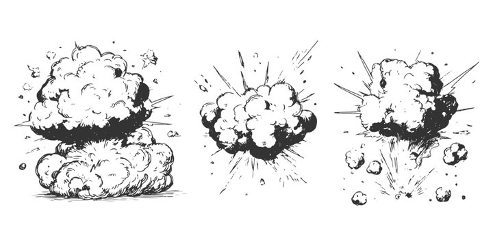 Detailed hand drawn black and white explosion smoke cloud and blast isolated on white background vector illustration.