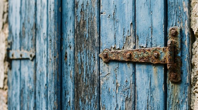 Vintage painted blue wooden door constructed from rustic aged timber planks showing peeled paint distressed surface texture and a rusty heavy metal hinge closeup backdrop wooden door blue hinge metal