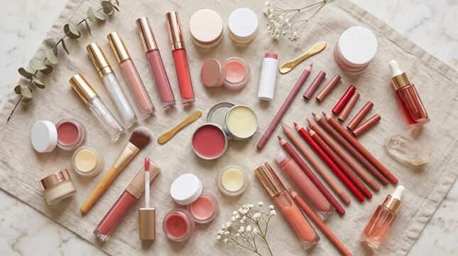 Cosmetics Collection: A curated assortment of premium makeup products, including lipsticks, lip glosses, eyeshadows, brushes, and creams, artfully arranged for a sophisticated beauty display.