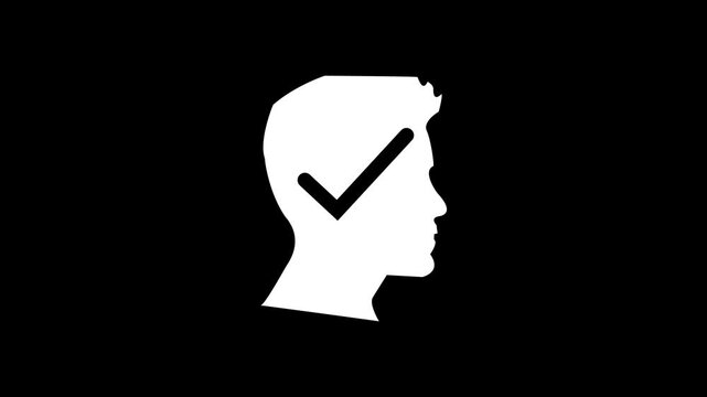 Minimalist white human head silhouette with black check mark icon animation on black background for approval, decision making, mental health, and positive thinking concept vector illustration
