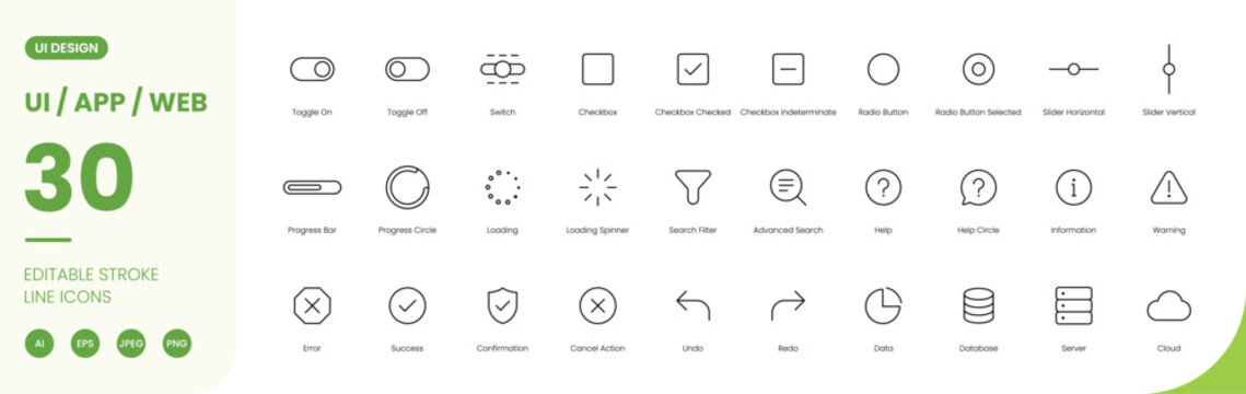 ui app web icon line style interface controls editable stroke vector set