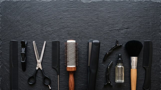 Salon Essentials: A meticulously arranged collection of professional hairstylist tools, including scissors, combs, brushes, and styling irons, laid out on a dark slate surface.