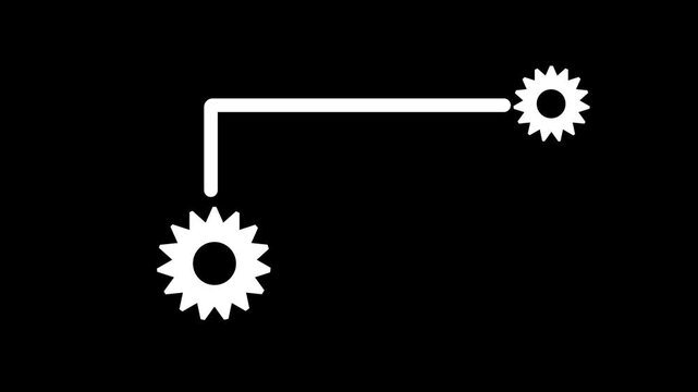 Minimalist white connected gears animation on black background for network link, data processing, system connection, and technology workflow concept vector illustration