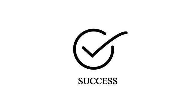 Minimalist black check mark circle icon animation with SUCCESS text on white background for achievement, task completion, win, and positive result concept vector illustration