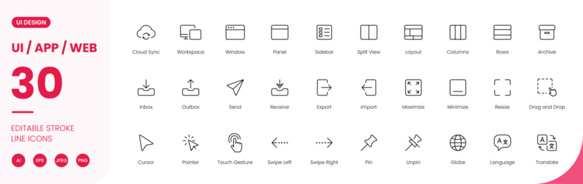 ui app web interface icon line style navigation workspace editable stroke vector set