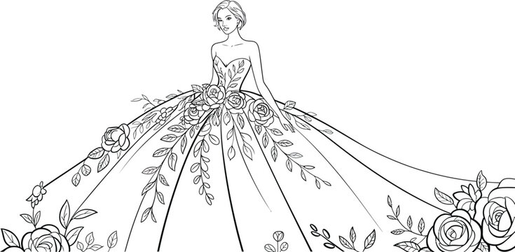 Bridal fashion illustration, elegant wedding dress vector, wedding floral design, bridesmaid sketch, wedding invitation logo