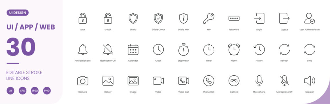 ui app web interface icon line style security media editable stroke vector set