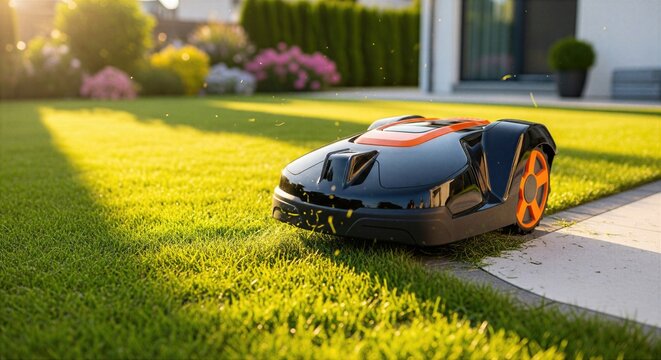 Robotic lawn mower operating in modern residential garden trimming grass automatically during golden hour showcasing intelligent garden maintenance technology convenience and hands free care