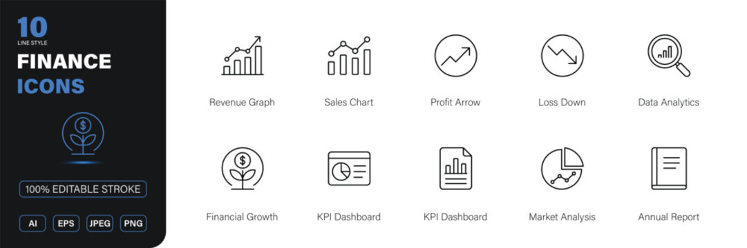 finance icon line style analytics business chart market editable stroke vector set