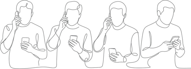 Fototapeta premium Continuous Line Drawing of Men Using Smartphones. Minimalist Vector Icons. Monoline Illustrations. Modern Characters. Digital Lifestyle. Social Media Concepts