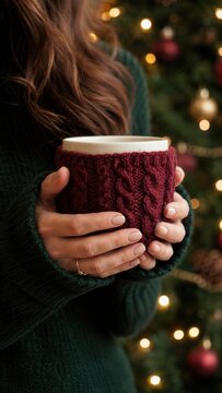 Coffee cup cozy in a burgundy knitted design held by a woman wearing a green sweater, with a decorated Christmas tree and warm lights in the background