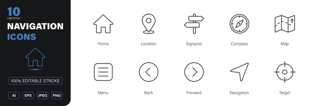 navigation icon line style location map direction travel editable stroke vector set