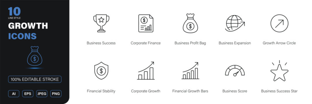 growth icon line style business finance success corporate strategy editable stroke vector set