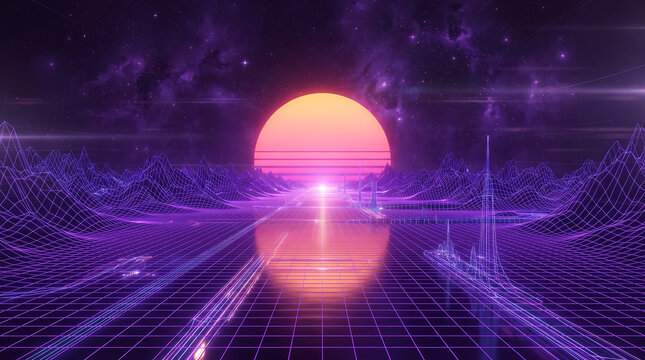 Retro synthwave landscape with glowing sun and horizon digital grid floor