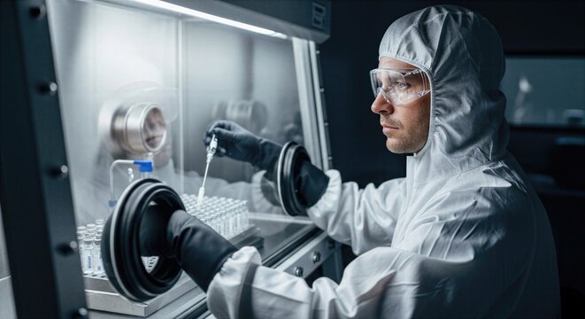 Sterile pharmaceutical vaccine manufacturing concept showing biotechnical operator working through isolator glove ports handling vaccine vials highlighting biosafety precision advanced production