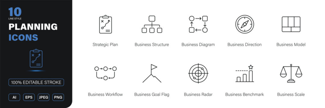 planning icon line style business strategy management workflow editable stroke vector set