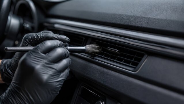 Close-up of a gloved hand using a brush to clean the air vent of a car interior, showcasing detailed car detailing techniques in a well-lit environment