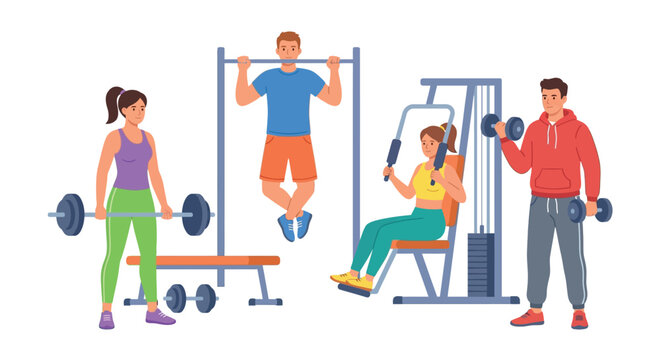 People exercising with weights and machines in a vector illustration