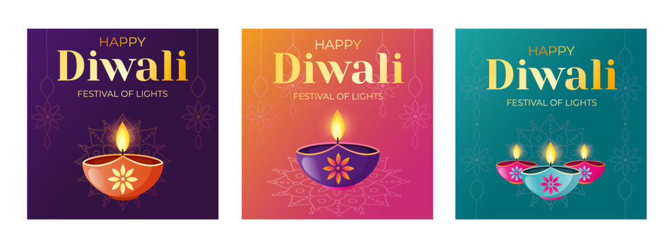 Diwali celebration posters collection with diya lamps and golden text  on dark violet background.  Decorative elements set for diwali festival of lights. Indian Hindu religion oil lamps. Vector