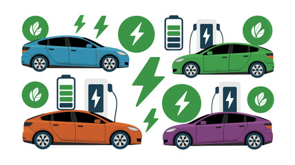 Naklejka premium Electric vehicle vector set, eco friendly EV cars charging, green energy transport icons for sustainable mobility infographics