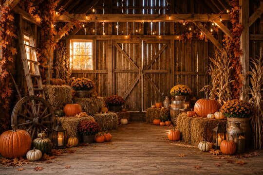 Fall decorated rustic barn interior with pumpkins and harvest decor