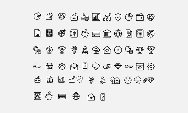 Asset management icon set. Includes systematic, approach, human capital, physical objects, buildings, equipment vector illustration