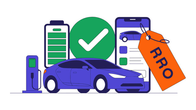 Electric vehicle charging concept with purple EV car, battery status indicator, mobile app interface, and orange RRO price tag, vector illustration