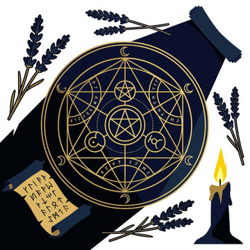 Mystic magic circle pentagram and runes with candle and lavender flowers
