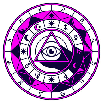 Mystic magic circle with zodiac signs and all seeing eye symbol