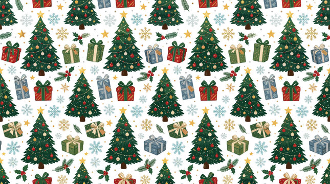 Seamless Christmas Holiday Pattern Background Featuring Hand Drawn Cartoon Illustrations of Decorated Christmas Trees Gift Boxes Snowflakes and Holly Berries Vector Repeating Surface Textile Design