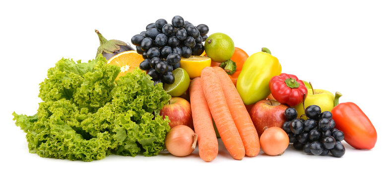 Large Heap of Fresh Farm Fruits and Healthy Raw Vegetables Isolated on White Background