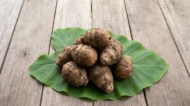 Freshly Harvested Unpeeled Raw Taro Roots Stacked On Vibrant Green Leaf Over Wooden Table Surface High Angle View With Copy Space taro root raw unpeeled fresh harvest organic agriculture crop leaf