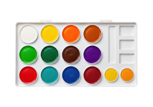 White plastic watercolor paint set with sixteen circular pans of vibrant pigment colors isolated on a solid black background, top-down view of supplies