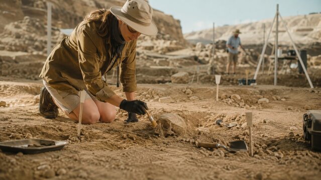 Archaeologist examining human skull at excavation site, wearing protective gloves and hat, with tools and equipment visible in the background under clear blue sky