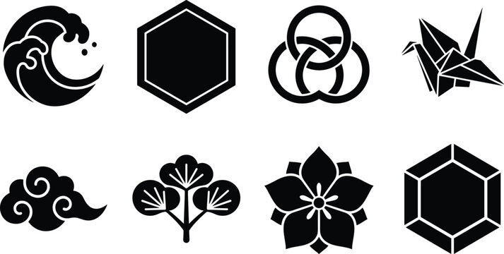 Traditional Japanese kamon crests and cultural pattern design elements icon set isolated on white background