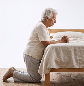 A peaceful elderly woman kneeling beside her bed and praying with clasped hands in a bright, minimalist bedroom.