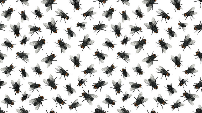 Seamless Housefly Pattern Background Featuring Detailed Realistic Top View Sketches of Black Flies Gnat Insects and Pest Swarms Vector Surface Textile Design