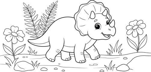 Cute Triceratops dinosaur coloring page for kids with flowers and plants in nature A cute cartoon triceratops dinosaur line art for children coloring page.  © Malika