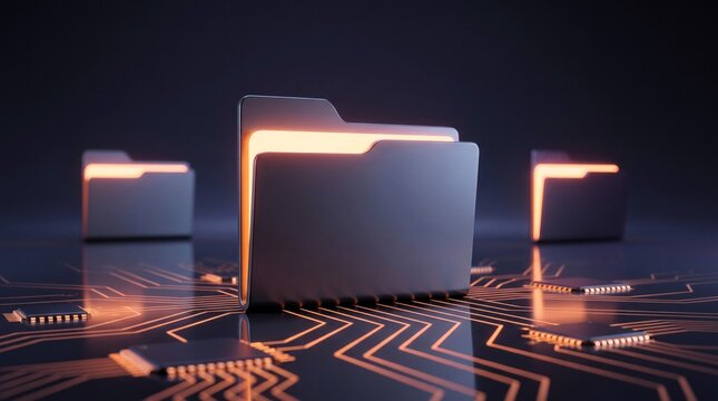 Glowing digital folder icons represent secure data storage and information management systems in this modern orange and dark blue render