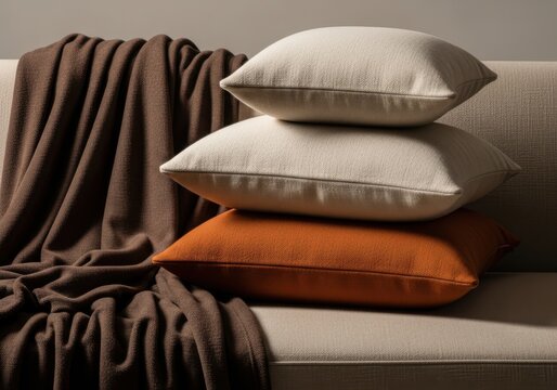 Stack of decorative throw pillows with brown blanket on sofa