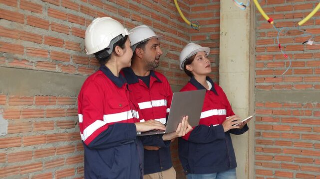 Construction inspectors and engineer discussing project details at an unfinished building site, teamwork, communication, safety compliance, site supervision, safety, construction project management.