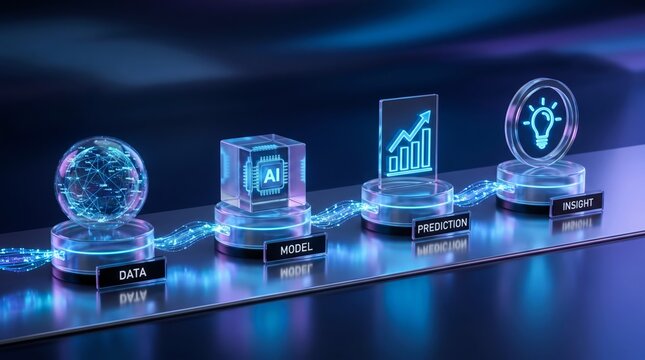 Glowing glass icons representing data, model, prediction, and insight interconnected with blue digital streams on a modern metallic reflective surface